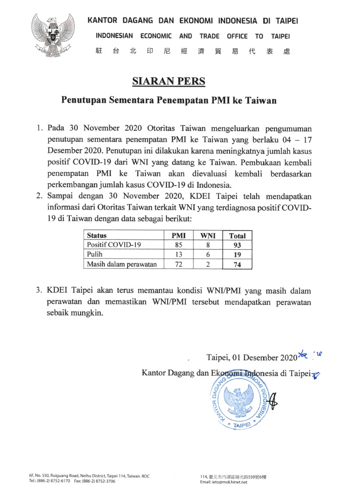 Penutupan Sementara Penempatan PMI Ke Taiwan