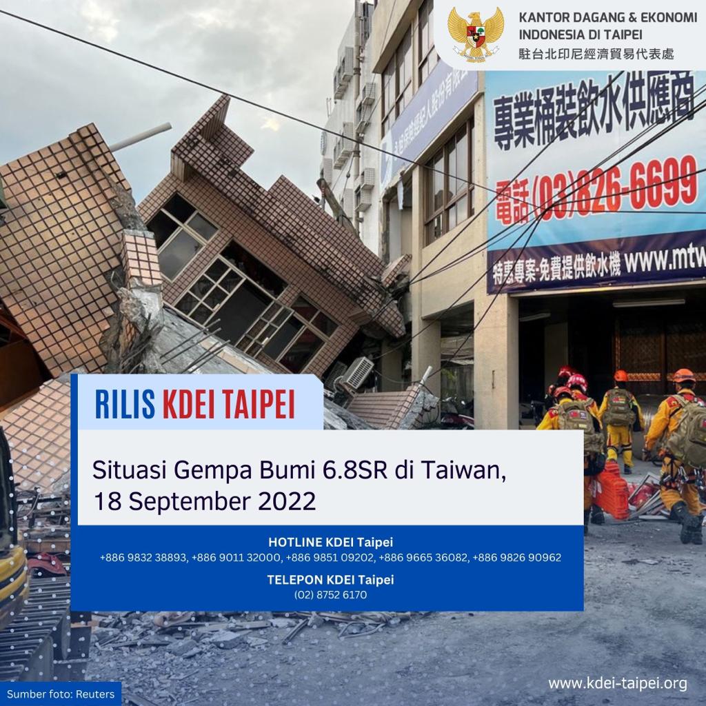 RILIS KDEI TAIPEI SITUASI GEMPA BUMI 6.8 SR DI TAIWAN, 18 SEPTEMBER 2022