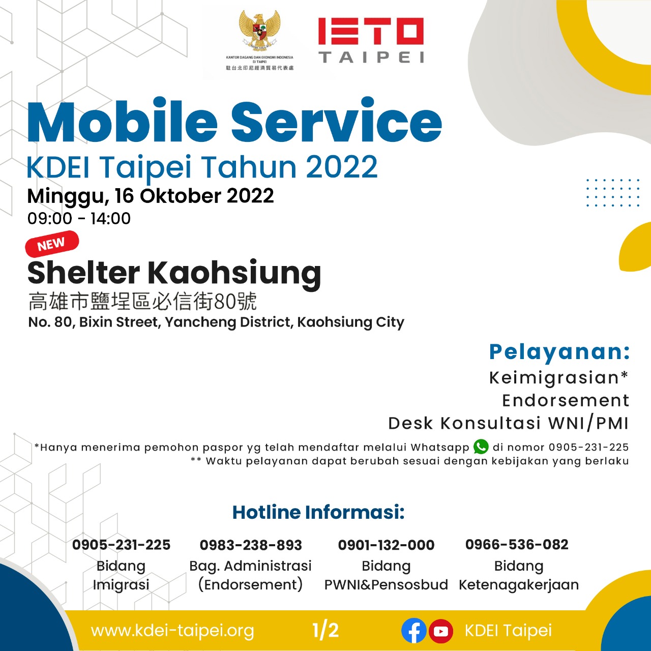 Pengumuman Mobile Service Kaoshiung 16 Oktober 2022