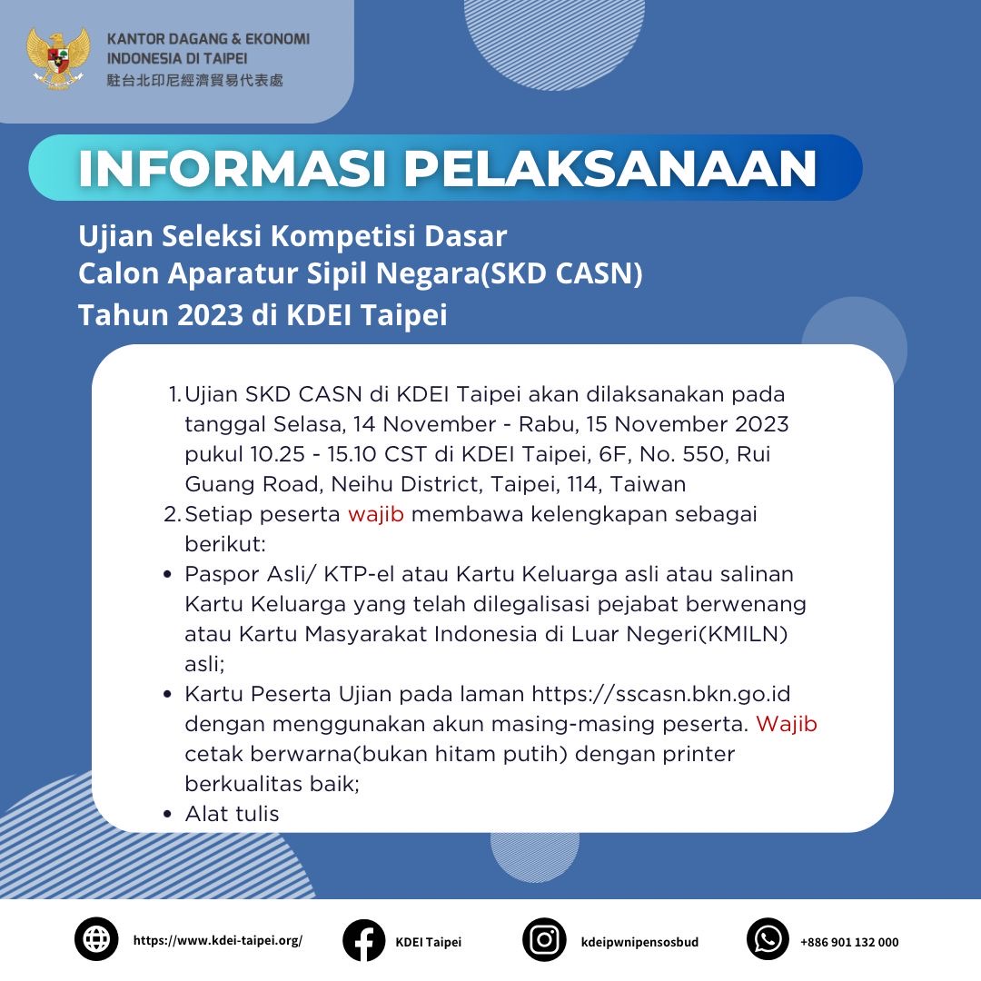 Pengumuman Ujian Seleksi CPNS di KDEI Taipei