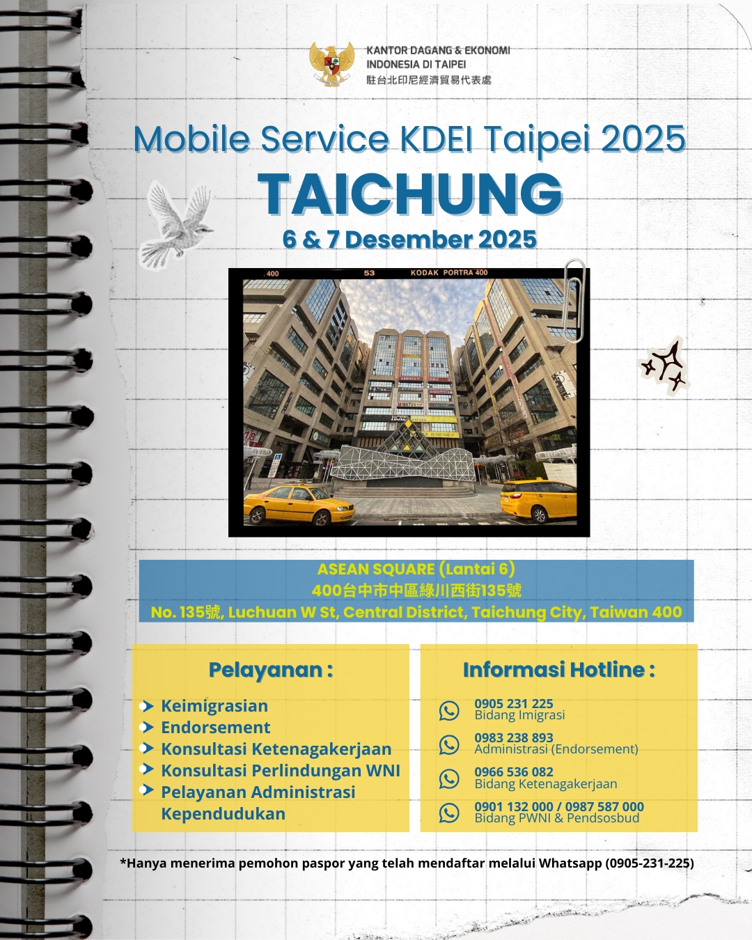 Mobile Service KDEI Taipei di Taichung 6 - 7 Desember 2025