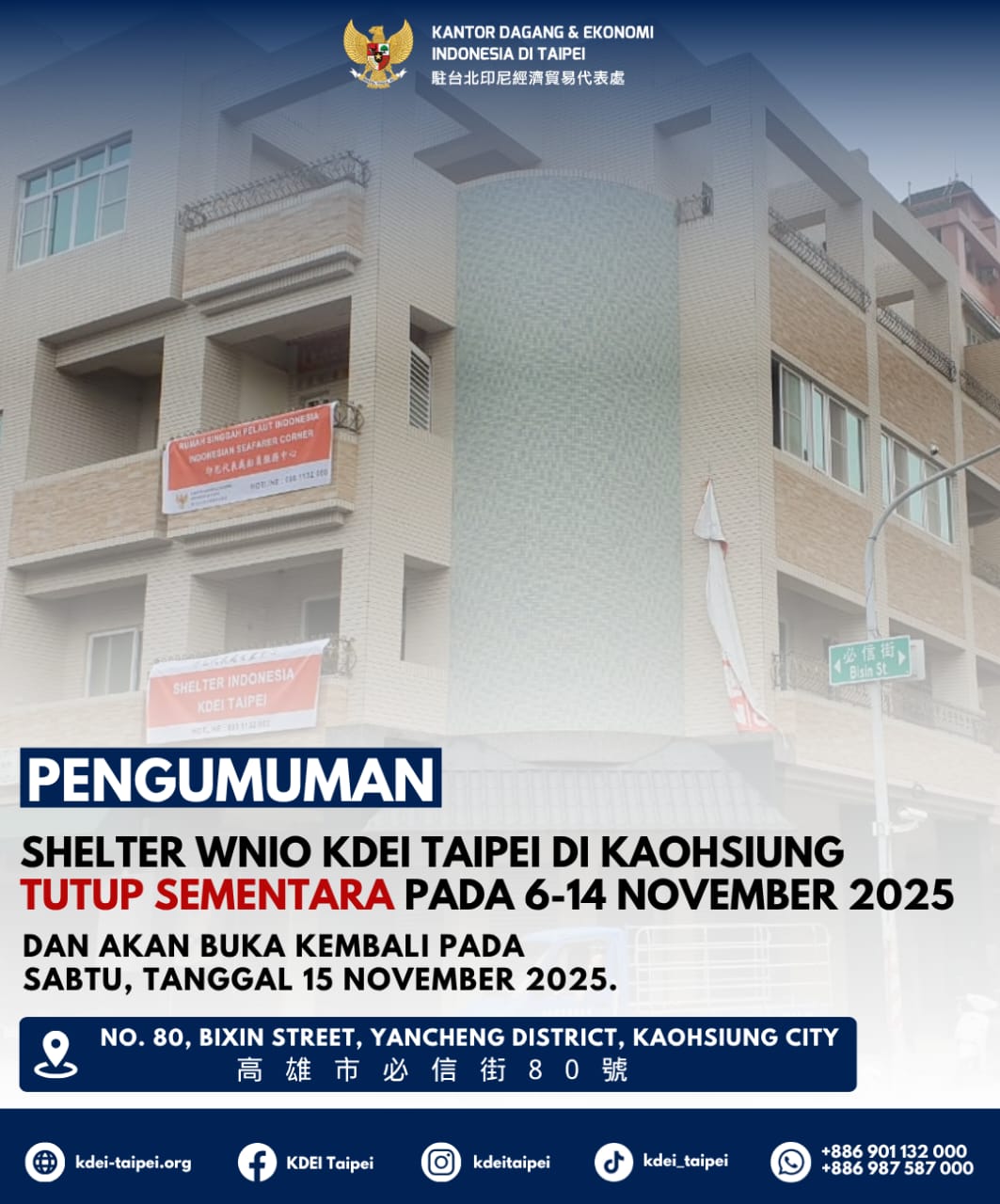 Shelter WNIO Kaohsiung Tutup Tanggal 6-14 November 2025