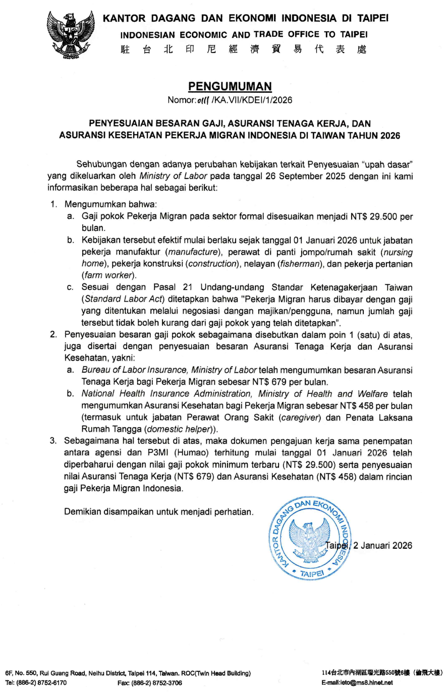 PENYESUAIAN BESARAN GAJI, ASURANSI TENAGA KERJA DAN ASURANSI KESEHATAN PMI DI TAIWAN TAHUN 2026